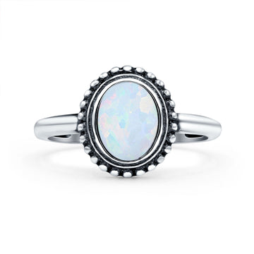 Petite Dainty Lab Opal Ring Solid Round Oxidized Lab Created White Opal 925 Sterling Silver